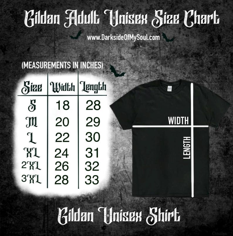 Peut inclure: Un t-shirt noir Gildan Unisexe avec un tableau des tailles. Le tableau indique les mesures en centim&egrave;tres pour les tailles S &agrave; 3XL, avec des largeurs de 45,7 &agrave; 71,1 cm et des longueurs de 71,1 &agrave; 83,8 cm. Le texte "Gildan Adult Unisex Size Chart" est en haut.