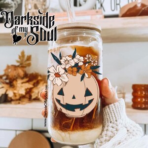 Pumpkin Floral Glass Cup, Glass Cup, 16oz. Glass Cup, Witchy Glass Cup, Spooky Glass Cup, Goth Glass Cup, Pumpkin Glass Cup, Floral Cup