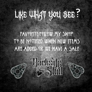 May include: Black and white graphic design with the text "Darkside of my Soul" and two black and white images of a Ouija board planchette with the words "Yes" and "No" on them. The text "Like what you see? Favorite/Follow my shop to be notified when new items are added or we have a sale" is also included.