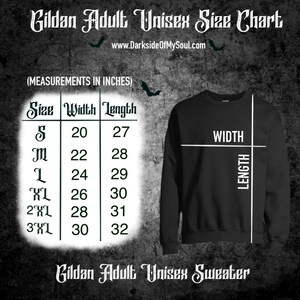 K&ouml;nnte beinhalten: Gr&ouml;&szlig;entabelle f&uuml;r Gildan Unisex-Sweatshirts f&uuml;r Erwachsene. Die Tabelle zeigt die Gr&ouml;&szlig;en S bis 3XL mit den entsprechenden Breiten- und L&auml;ngenma&szlig;en in Zoll.