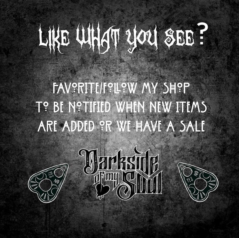 May include: Black and white graphic design with the text "Darkside of my Soul" and two black and white images of a Ouija board planchette with the words "Yes" and "No" on them. The text "Like what you see? Favorite/Follow my shop to be notified when new items are added or we have a sale" is also included.