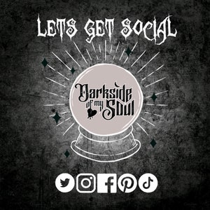 May include: A black and white graphic with the text "Lets get social" and the words "Darkside of my Soul" inside a crystal ball. Social media icons for Twitter, Instagram, Facebook, Pinterest, and TikTok are displayed below the crystal ball.