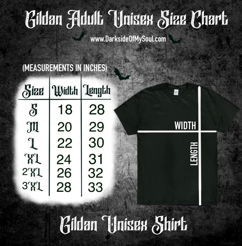 K&ouml;nnte beinhalten: Eine Gr&ouml;&szlig;entabelle f&uuml;r Gildan Unisex-T-Shirts f&uuml;r Erwachsene. Die Tabelle zeigt die Breite und L&auml;nge in Zoll f&uuml;r die Gr&ouml;&szlig;en S, M, L, XL, 2XL und 3XL. Die Tabelle befindet sich auf einem schwarzen Hintergrund mit wei&szlig;em Text.