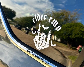 Elder emo, elder emo decal, car decals, emo, spooky car decals, goth, skeleton rock on decal, elder emo car decal