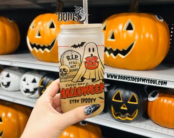 Everyday is Halloween, spooky drinkware, Halloween coffee cup, stay spooky coffee cup, Halloween frosted glass cup, Halloween coffee gift