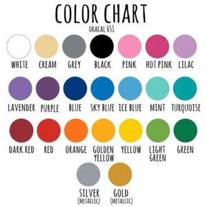 May include: Color chart showing 20 different colors of vinyl, including white, cream, grey, black, pink, hot pink, lilac, lavender, purple, blue, sky blue, ice blue, mint, turquoise, dark red, red, orange, golden yellow, yellow, light green, green, silver (metallic), and gold (metallic).