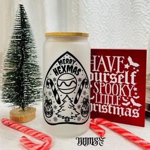Merry Hexmas Frosted Glass Cup, Goth Christmas Frosted Glass Cup, Gothmas Glass Cup, Spooky Christmas Gift, Merry Hexmas, Spooky Christmas