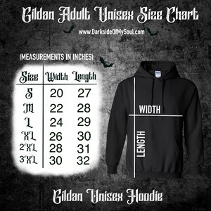 K&ouml;nnte beinhalten: Gr&ouml;&szlig;entabelle f&uuml;r Gildan Unisex-Hoodies f&uuml;r Erwachsene, mit Ma&szlig;en in Zoll f&uuml;r Breite und L&auml;nge. Die Gr&ouml;&szlig;en reichen von S bis 3XL.