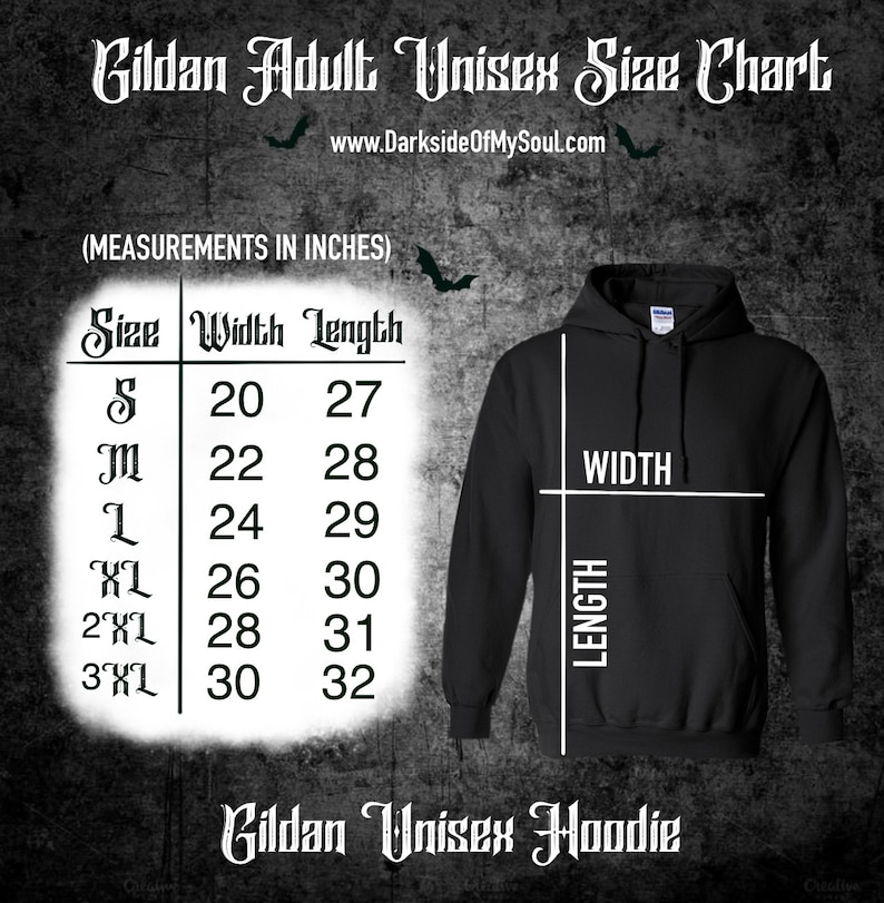 K&ouml;nnte beinhalten: Gr&ouml;&szlig;entabelle f&uuml;r Gildan Unisex-Hoodies f&uuml;r Erwachsene, mit Ma&szlig;en in Zoll f&uuml;r Breite und L&auml;nge. Die Gr&ouml;&szlig;en reichen von S bis 3XL.