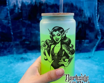 Summerween Beach Vampire, Beach Vampire, Frosted Glass Cup, Summer Spooky Cup, Summerween Vibes, Libby Glass Cup, Hot Ghoul Summer