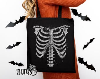 Goth tote bag, spooky season tote bag, Halloween tote bag, witchy tote bag, ribcage tote bag, spooky totes, goth shoulder bag, witchy