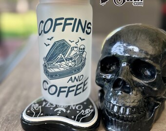 Coffins And Coffee Frosted Glass Cup, Frosted 16oz. Glass Cup, Spooky Glass Cup, Goth Glass Cup, Witchy Glass Cup, Halloween Glass Cup