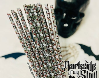 May include: A bundle of 20 white paper straws with a skull and crossbones pattern. The straws are decorated with a green and brown floral design. The text "Darkside of my Soul" is visible in the background.