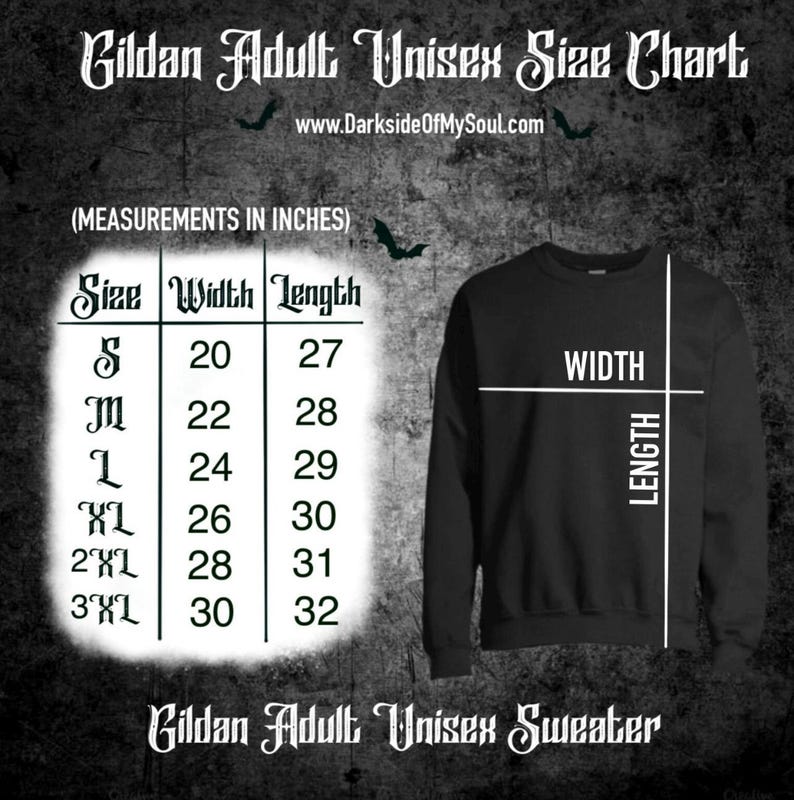 Peut inclure: Sweat-shirt noir Gildan Adult Unisexe avec un tableau des tailles. Le tableau indique les mesures en pouces pour les tailles S &agrave; 3XL. La largeur varie de 50.8 &agrave; 76.2 cm et la longueur de 68.6 &agrave; 81.3 cm. Le site DarksideOfMySoul.com est &eacute;galement visible.