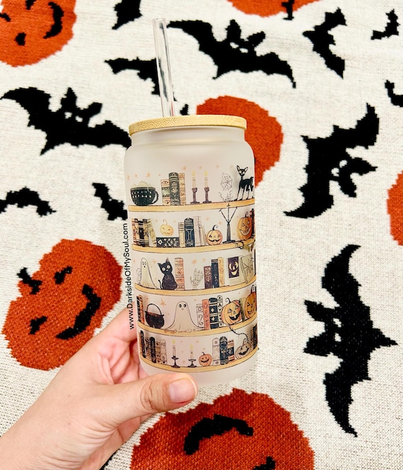 Halloween Library, Spooky Library, Frosted Glass Cup, Libby Glass Cup, Haunted Books, Cold Coffee Cup, Coffee Lovers Gift