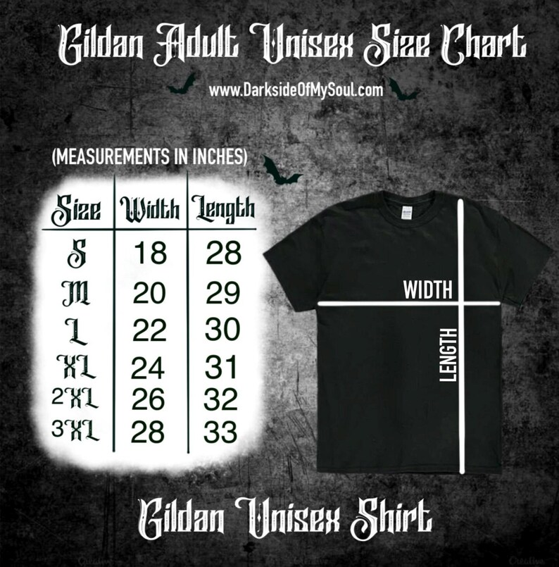 May include: Gildan Unisex Size Chart with measurements in inches for sizes S, M, L, XL, 2XL, and 3XL. The chart shows the width and length of each size. The chart is on a black background with white text.