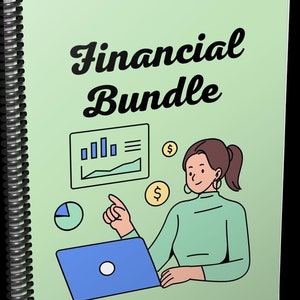 以下が含まれることがあります： 緑色のスパイラルバインダーノートに、黒い筆記体で「Financial Bundle」という文字が書かれています。緑色の背景に、ラップトップの前で座っている人のイラストが描かれており、金融チャートとグラフが描かれています。