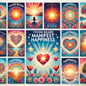 Vision Board Manifest Happiness PDF imprimable Tableau d'humeur pour femmes Citations inspirantes Affirmations positives Loi de l'abondance