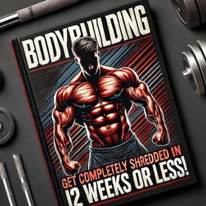 Könnte beinhalten: Ein schwarzer und roter Buchumschlag mit dem Text "BODYBUILDING" in weißen Buchstaben. Der Umschlag zeigt einen muskulösen Mann mit einem roten und schwarzen Design. Der Text "GET COMPLETELY SHREDDED IN 12 WEEKS OR LESS!" ist in weißen Buchstaben am unteren Rand des Umschlags gedruckt.