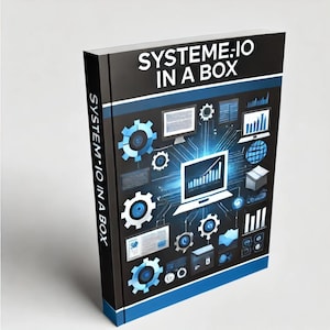 May include: A black book with a blue and white design. The book cover features the text "SYSTEME:IO IN A BOX" and a graphic of a laptop computer with a blue screen and a bar graph. The graphic also includes gears, a globe, and other computer icons.