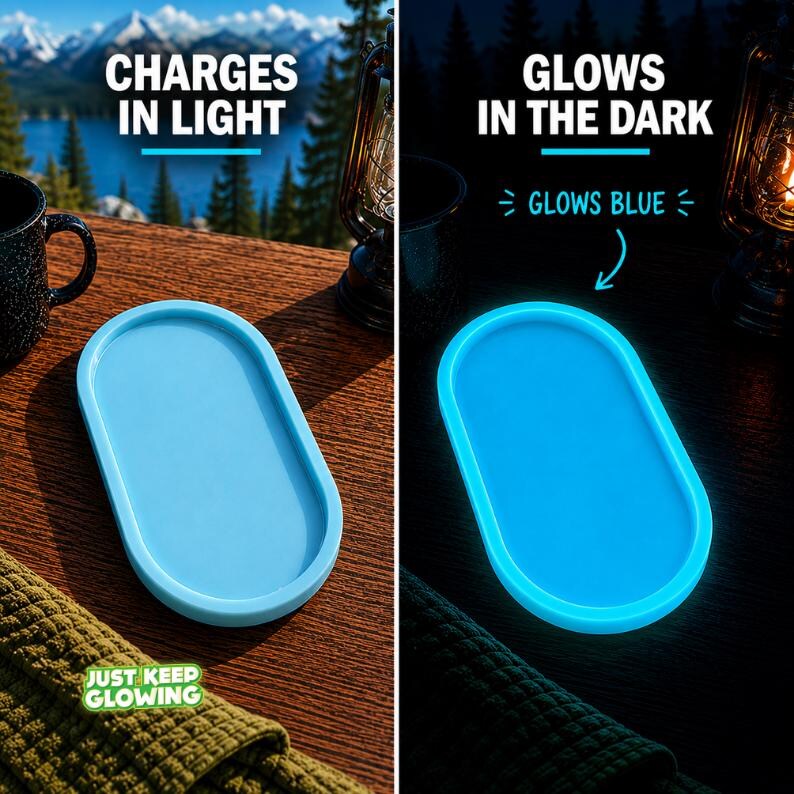 Blue glow in the dark tray charging in daylight and glowing blue at night