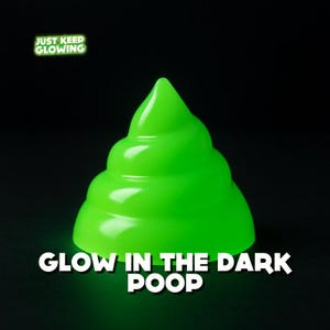 Glow in the dark poop toy close-up showing bright green glow, funny gag gift and novelty night light