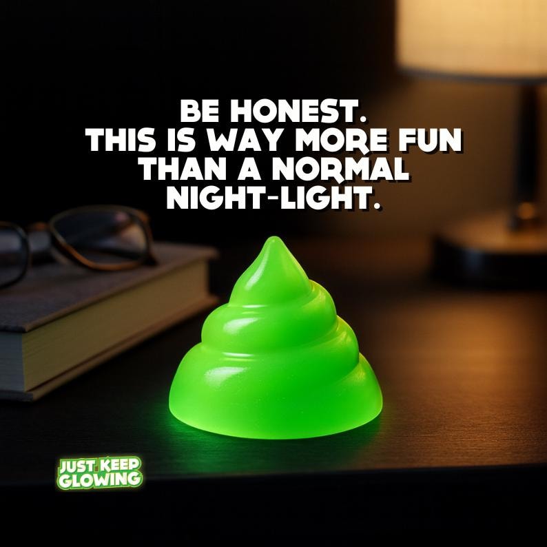 Glow in the dark poop toy on bedroom nightstand as funny alternative to normal night lights