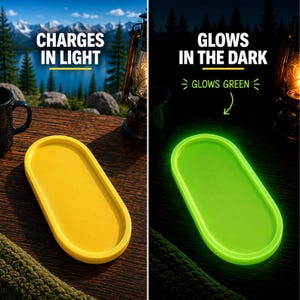Yellow glow tray that glows bright green in the dark