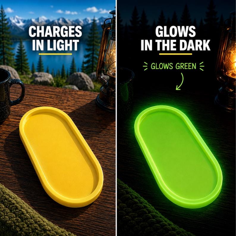 Yellow glow tray that glows bright green in the dark