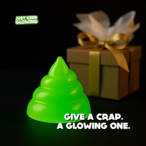Glow in the dark poop toy shown as a hilarious gift idea for white elephant, stocking stuffers, and gag gifts