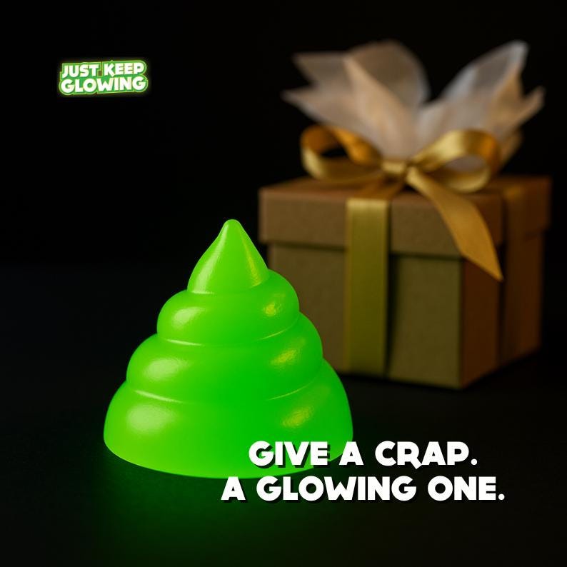 Glow in the dark poop toy shown as a hilarious gift idea for white elephant, stocking stuffers, and gag gifts