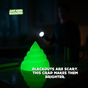Glow in the dark poop toy used as emergency lighting during power outage in dark room