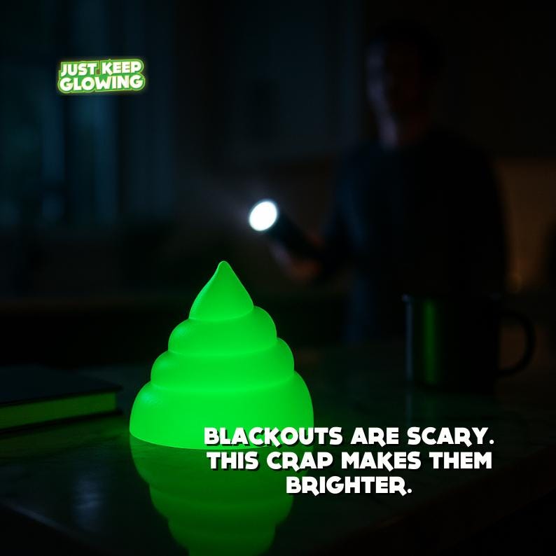 Glow in the dark poop toy used as emergency lighting during power outage in dark room
