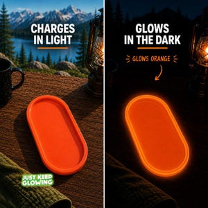 Red glow in the dark tray for camping and bedside organization that glows orange in the dark