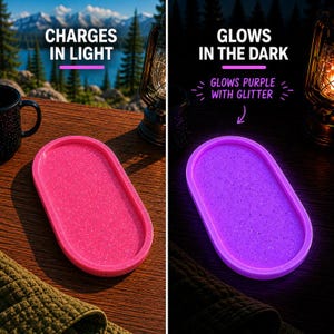 Pink glitter glow in the dark tray glowing purple at night
