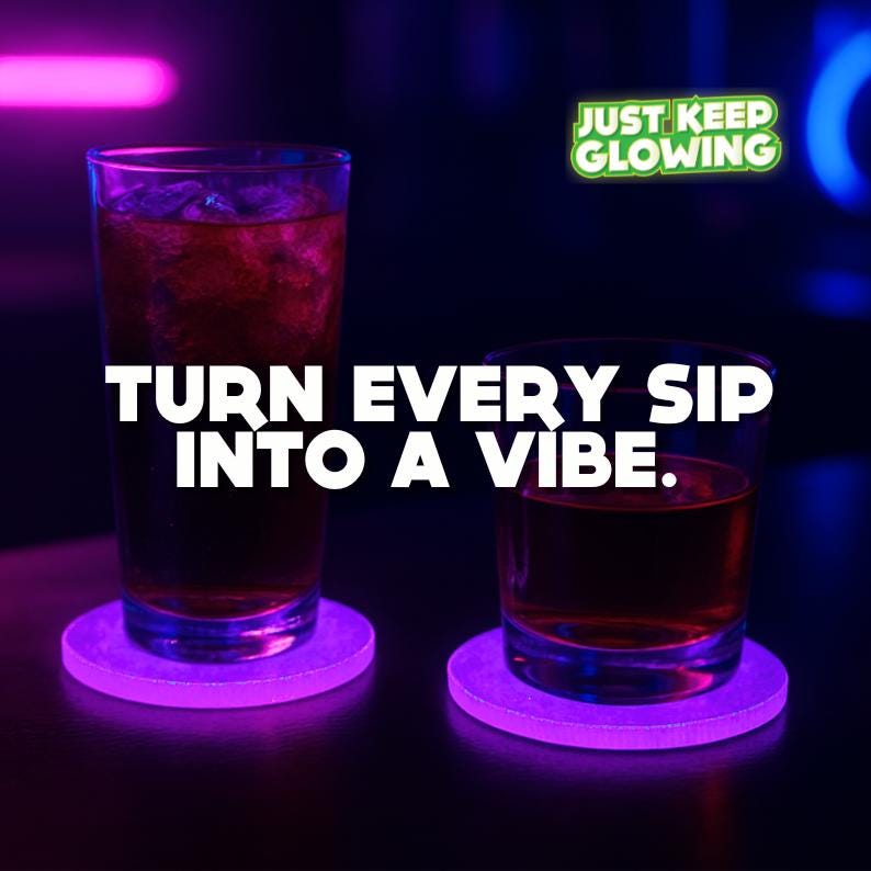Glow in the dark drink coasters for cocktails – luxury glowing coasters for home bar vibes.