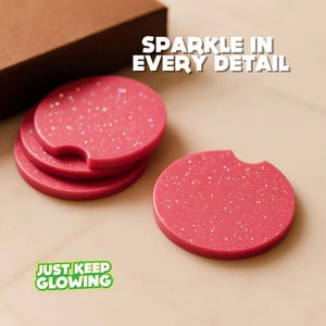 Sparkle detail close-up of luxury handmade glow coasters – glowing drink coasters with glitter.