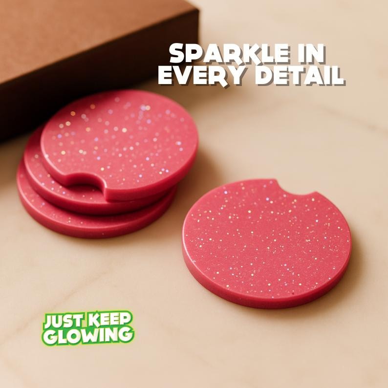 Sparkle detail close-up of luxury handmade glow coasters – glowing drink coasters with glitter.