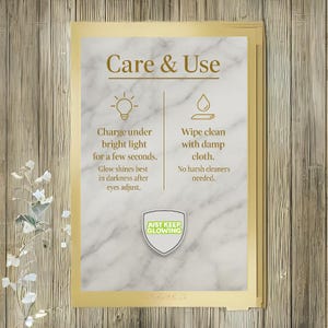 Care instructions for glow coasters – charge under light, easy clean with damp cloth.