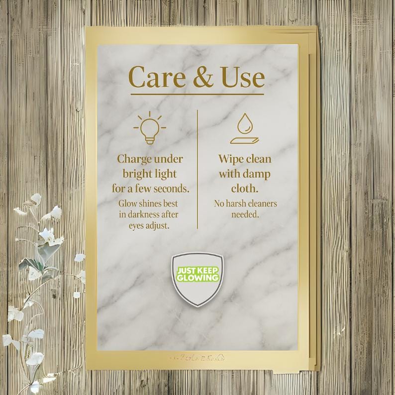 Care instructions for glow coasters – charge under light, easy clean with damp cloth.