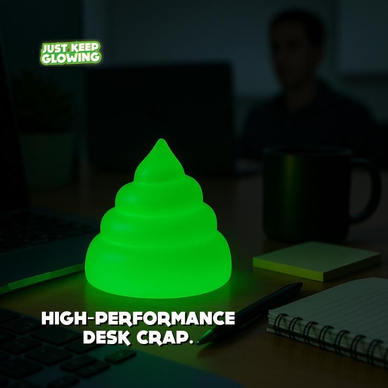 Glow in the dark poop toy on office desk as funny stress toy, desk accessory, and white elephant gift