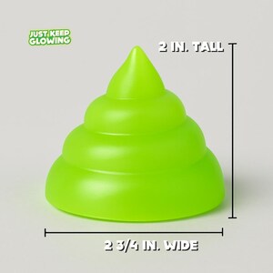 Glow in the dark poop toy with size specs showing 2 inches tall and 2.75 inches wide