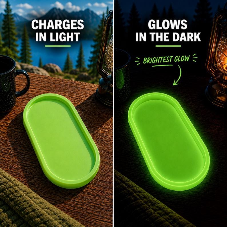 Glow in the dark tray charges in light and glows bright green at night