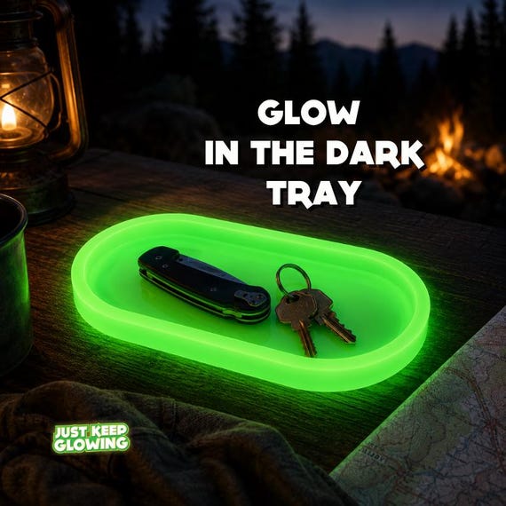 Glow in the Dark Tray – Reusable Nightstand Organizer, Camping Gear, EDC Catchall, Handmade in USA, No Batteries Needed, Emergency Prep Gift