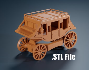 May include: A 3D printed model of a brown wooden stagecoach with a black metal roof and wheels. The model is on a blue surface and the text '.STL File' is visible in the lower right corner of the image.