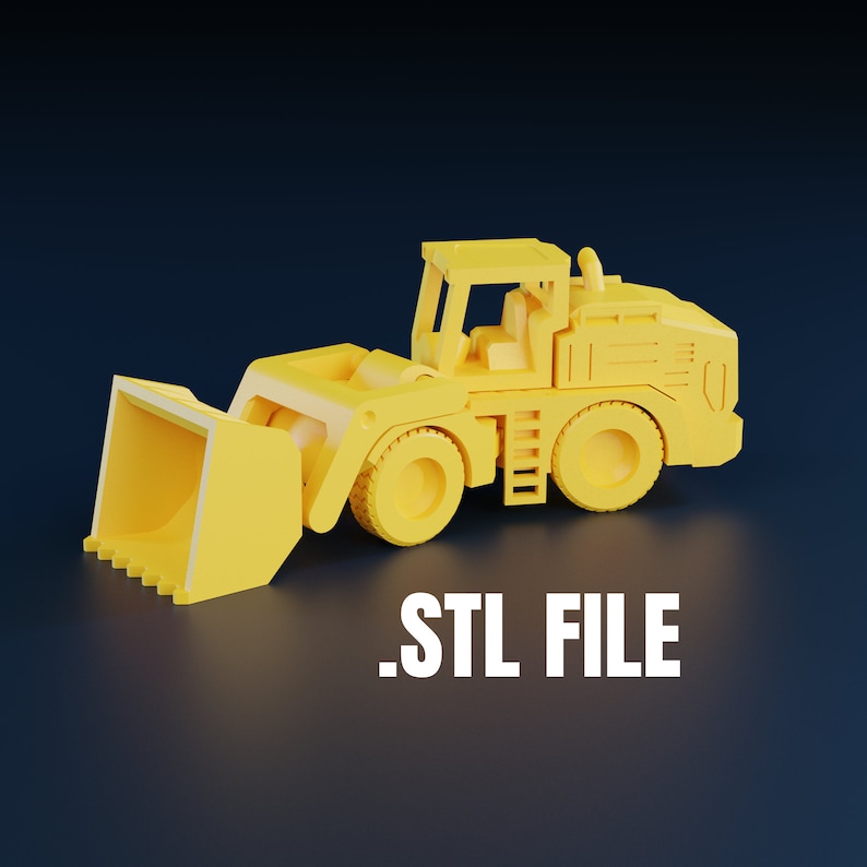 May include: A yellow front-end loader model with a large bucket, cab, and wheels. The text ".STL FILE" is displayed in white. The image is set against a dark blue background.