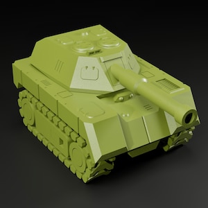 May include: A green toy tank with a long barrel and tracks. The tank has a detailed design with hatches and other features.