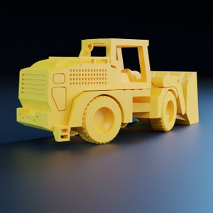 May include: A yellow toy front-end loader with a detailed design. The vehicle has a cab, large wheels, and a front bucket. The toy is set against a dark background, highlighting its shape and features. The loader is a construction-themed toy.