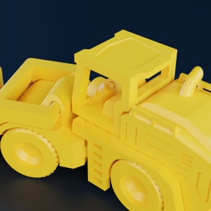 May include: A bright yellow toy construction vehicle with a cab, wheels, and a detailed design. The toy is rendered in a 3D style, with a focus on the vehicle's form and structure. The background is a dark blue.