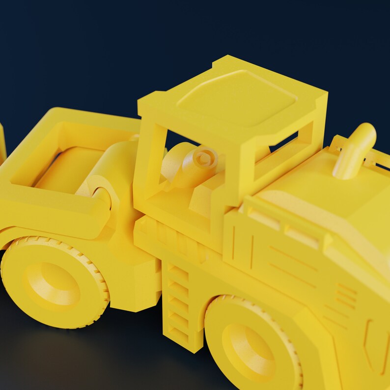 May include: A bright yellow toy construction vehicle with a cab, wheels, and a detailed design. The toy is rendered in a 3D style, with a focus on the vehicle's form and structure. The background is a dark blue.